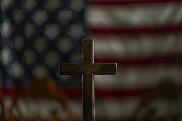 Cross in Front of American Flag - Powered by Adobe