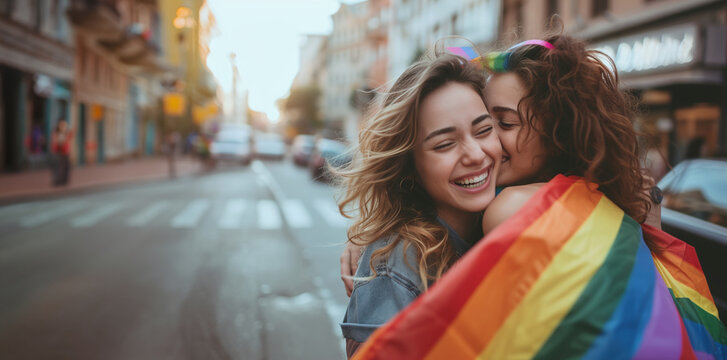 Sunset Laughter and Rainbow Love. Two joyful women sharing a warm hug, one with a rainbow hairband, on a bustling city street.