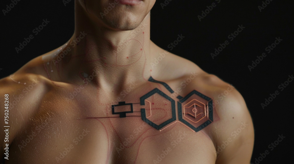 Poster a chest tattoo with biometric sensors that measure body temperature and transmit the data to a monit