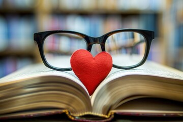 Eyeglasses resting on an open book with a red heart shape in the center against a blurred library...