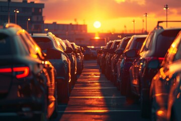 Busy Parking Lot at Sunset