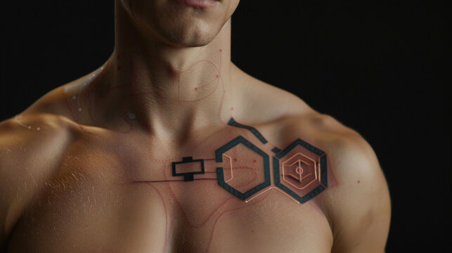A chest tattoo with biometric sensors that measure body temperature and transmit the data to a monitoring system for early detection of fevers or illnesses.