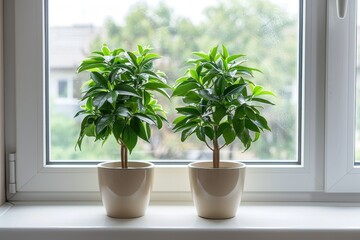 Two potted houseplants on a windowsill against a window with a garden view.