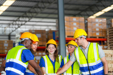 group worker factory men and women standing with confidence and success. people working in workplace of industrial heavy machine factory. young adult in career of industry of technology machinery.