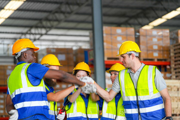 group worker factory men and women standing with confidence and success. people working in workplace of industrial heavy machine factory. young adult in career of industry of technology machinery.