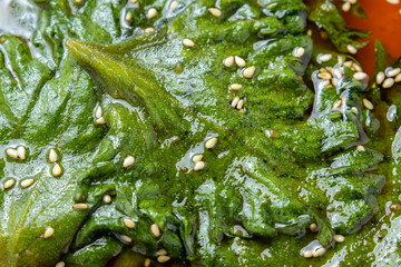 大葉の醤油漬け(ごま入り)のアップ。
