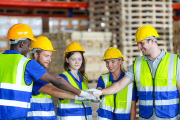 group worker factory men and women standing with confidence and success. people working in workplace of industrial heavy machine factory. young adult in career of industry of technology machinery.