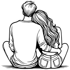 A Couple Sit Together Sketch Drawing.