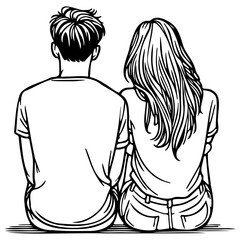 A Couple Sit Together Sketch Drawing.