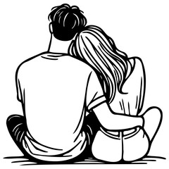 A Couple Sit Together Sketch Drawing.