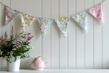Floral fabric bunting hung on a white paneled wall with flowers and a teapot. Place for text