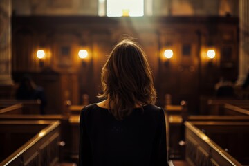 Fototapeta na wymiar Woman Standing in Church Aisles