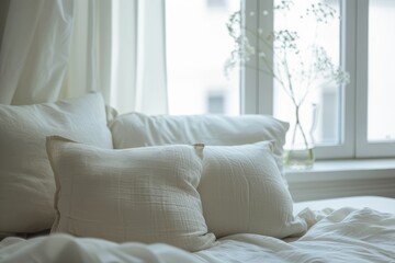 White Linens and Pillows on Bed by Window