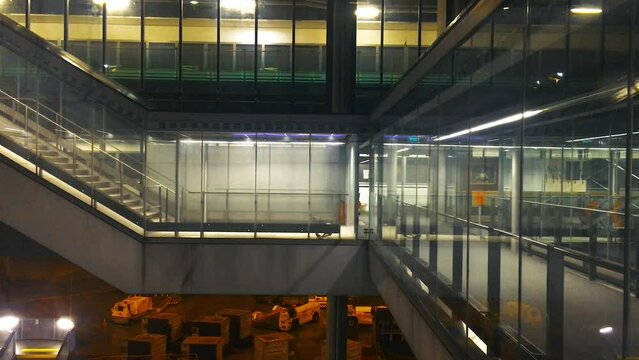 December 28, 2020 - Charles de Gaulle Airport, Paris, France. The glass steps and terminal for boarding, located next to the hotel.
