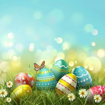 illustration of colorful egg lying on the grass with flowers and butterfly for celebrate easter