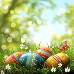 Fototapeta na wymiar illustration of colorful egg lying on the grass with flowers and butterfly for celebrate easter