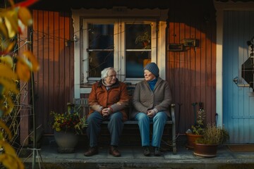 Elderly Couple Relaxing on Bench Outside Home