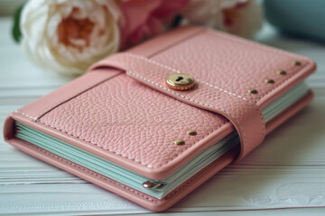 Pastel pink diary with a lock on a white wooden surface, with flowers in the background. - Powered by Adobe