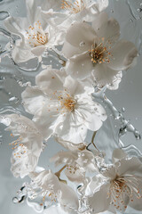 White flowers and buds float on the surface of the water