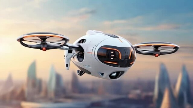 futuristic manned roto passenger drone flying in the sky over modern city for future air transportation and robotaxi concept  created with generative ai