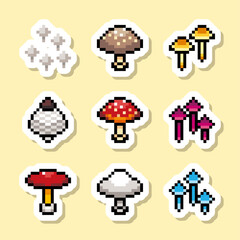 9種類のキノコのピクセルアート ラベル