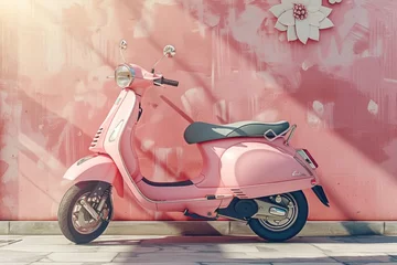 Foto auf Acrylglas Pink scooter parked against a decorative pink wall with a flower motif. © evgenia_lo