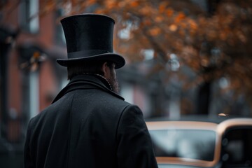 Elegant Man in Top Hat Walking Street