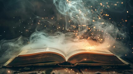 Magic open book with sparkle smoke mist concept wallpaper background - obrazy, fototapety, plakaty