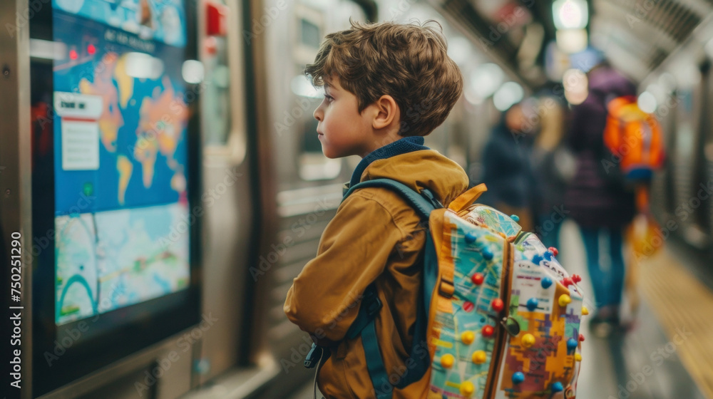 Poster a young boy with a backpack covered in pins from different countries eagerly peering at a digital ma