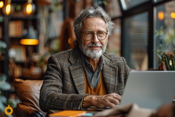 Obraz premium Smiling CEO immersed in work on laptop, exuding professionalism