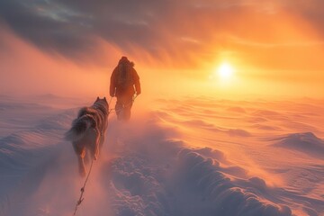 Frozen journey, person with sled of dogs traverses snowy antarctica, an epic adventure through icy landscapes with loyal canine companions, exploring the remote and pristine wildernes - obrazy, fototapety, plakaty