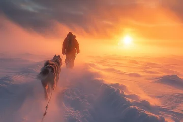 Wandcirkels tuinposter Frozen journey, person with sled of dogs traverses snowy antarctica, an epic adventure through icy landscapes with loyal canine companions, exploring the remote and pristine wildernes © Ruslan Batiuk