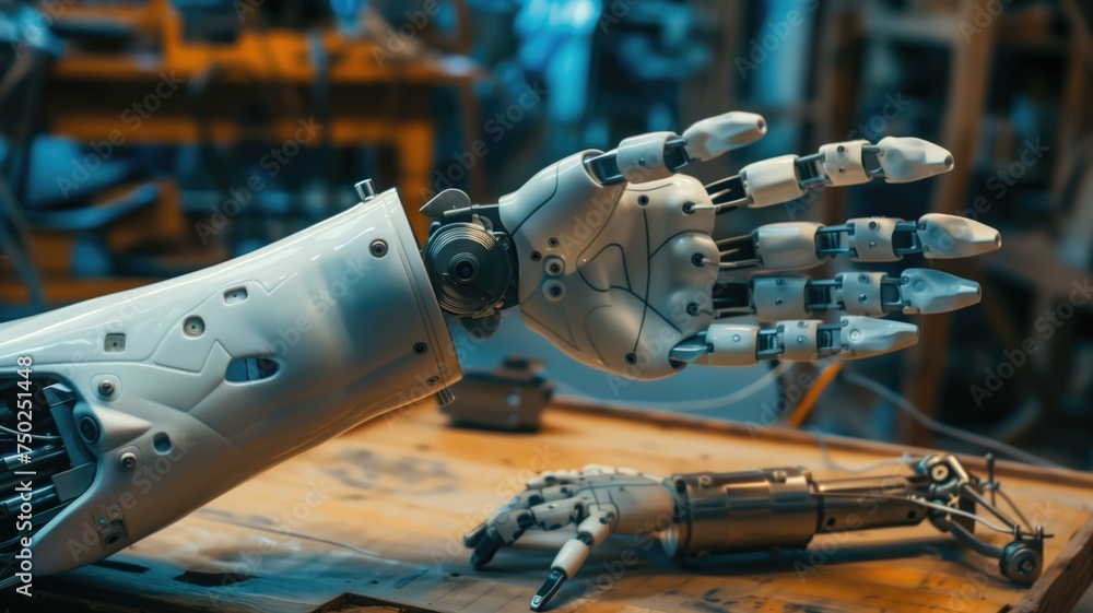 Poster an intricate robotic arm presented against a backdrop of high-tech engineering workspace