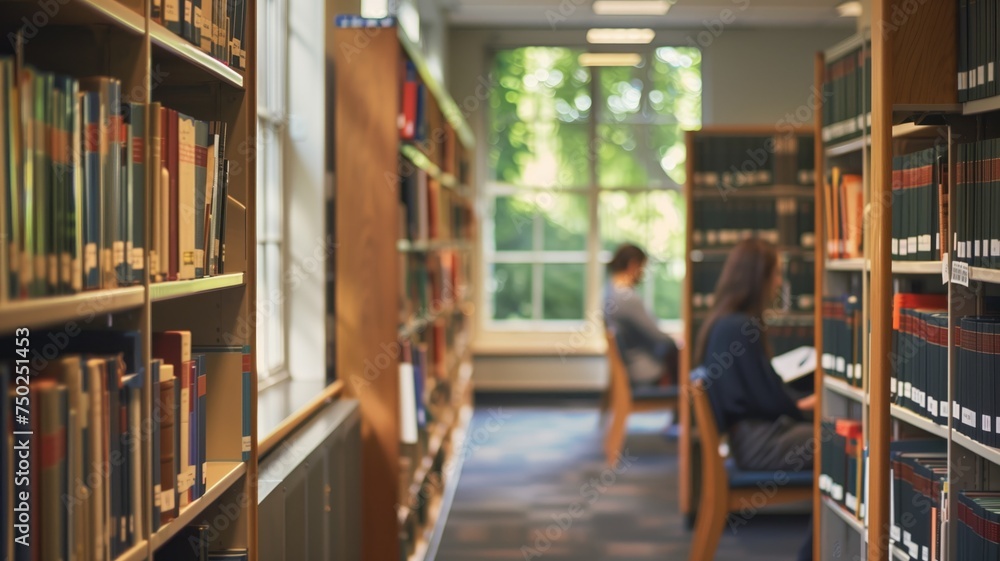 Poster students engaged in reading and studying in the tranquil setting of a library