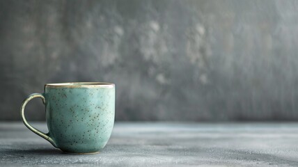 A solitary ceramic coffee cup sits on a textured grey background, exuding a calm morning vibe