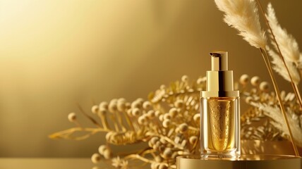 A chic glass perfume bottle on a golden background with dried pampas grass