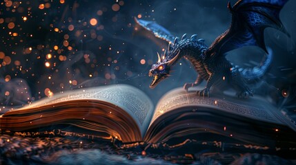 Magic book with fantasy dragon flying around concept wallpaper background