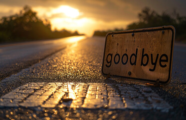 goodbye sign on highway with sunset - obrazy, fototapety, plakaty