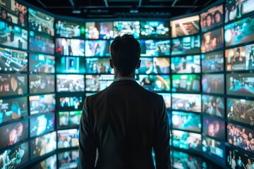 Analyzing market trends: businessman studies media content on wall monitors