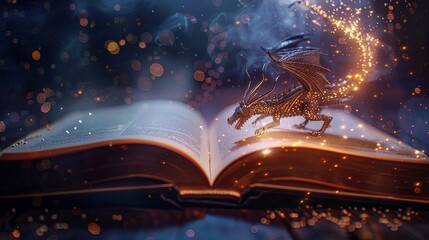 Magic book with fantasy dragon flying around concept wallpaper background
