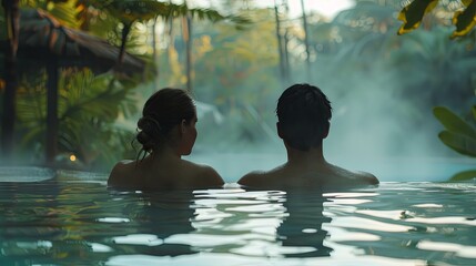 Asian couple man woman swimming in thermal water nature pool concept wallpaper background