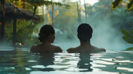 Cercles muraux Spa Asian couple man woman swimming in thermal water nature pool concept wallpaper background