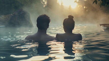 Black couple man woman swimming in thermal water nature pool concept wallpaper background - obrazy, fototapety, plakaty