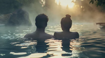 Tuinposter Spa Black couple man woman swimming in thermal water nature pool concept wallpaper background