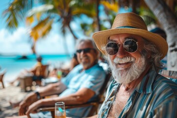 Smiling retirees in colorful attire unwind on a beach, gazing at a palm-lined horizon. - obrazy, fototapety, plakaty