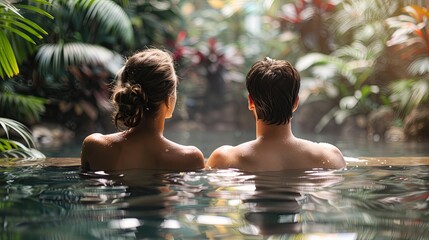 man and woman back view enjoying spa in thermal water bath on nature background commercial close up photo --ar 16:9 --v 6 Job ID: 9eb4e946-6b13-4875-9bcd-fc16ecbfd3e6 - obrazy, fototapety, plakaty