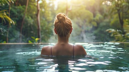 White woman swimming in thermal water nature pool concept wallpaper background
