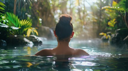 White woman swimming in thermal water nature pool concept wallpaper background