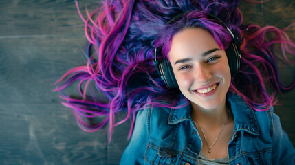Happy Woman with Long Purple Pink Hair Laying on Floor Listening to Music with Headphones