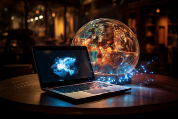 Laptop in einer digitalen Umgebung, Leuchtende Netzwerkstrukturen, Hologram der Erde über dem Laptop, Konzept vernetzte Welt, Globalisierung und Digitalisierung